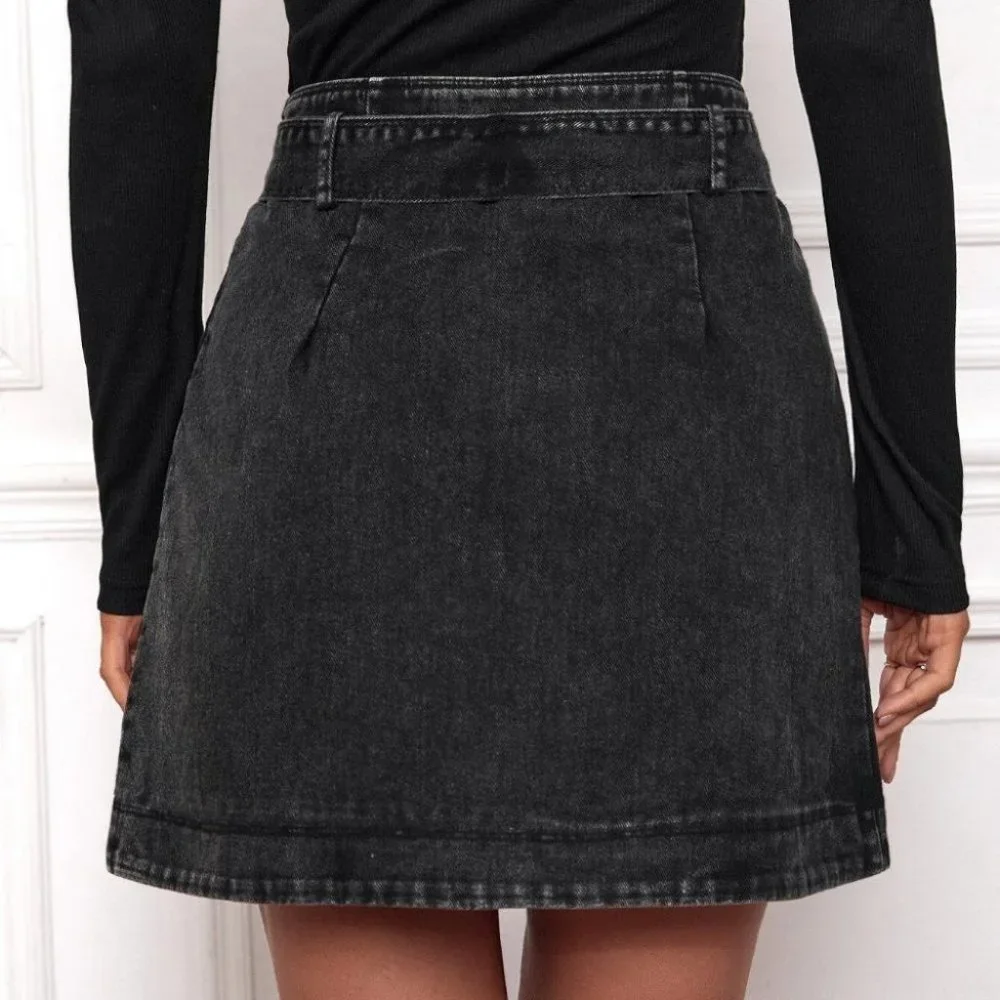 Black Preppy Womens Pocket Side Wrap Belted Skirt - Picture 2 of 4